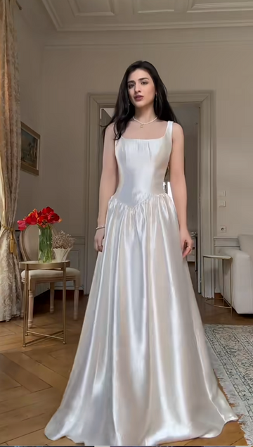 Niulatu Strapless Sheath White Long Prom Dresses Satin Long Birthday Dresses Sleeveless White Evening Dresses HZ1026